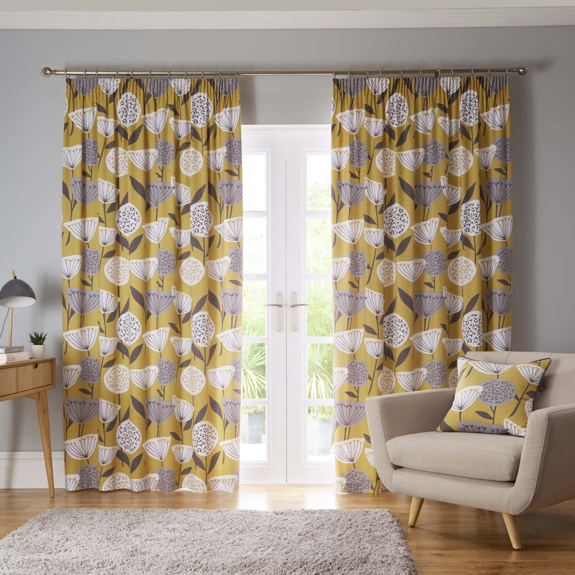 Elements Emmott Ochre Pencil Pleat Curtains Yellow, Grey and White