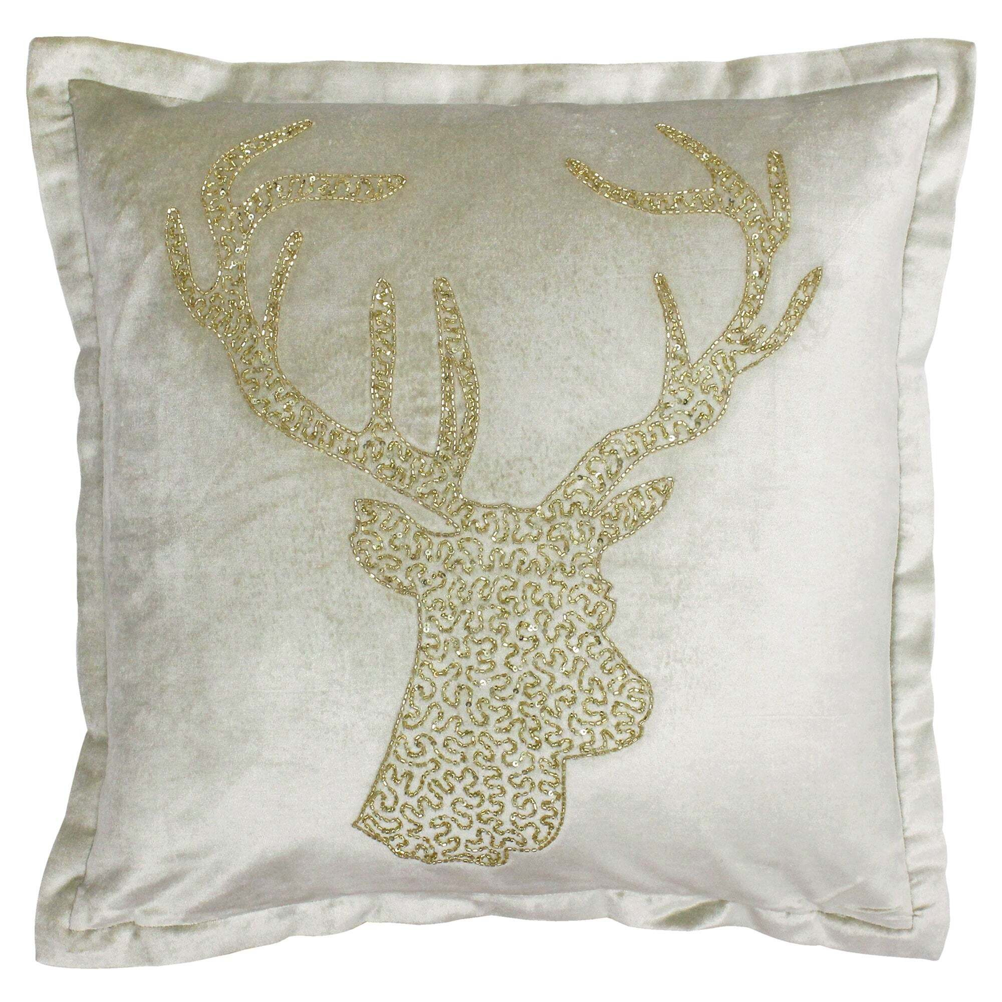 Wonderland Stag Champagne Cushion Green and Gold