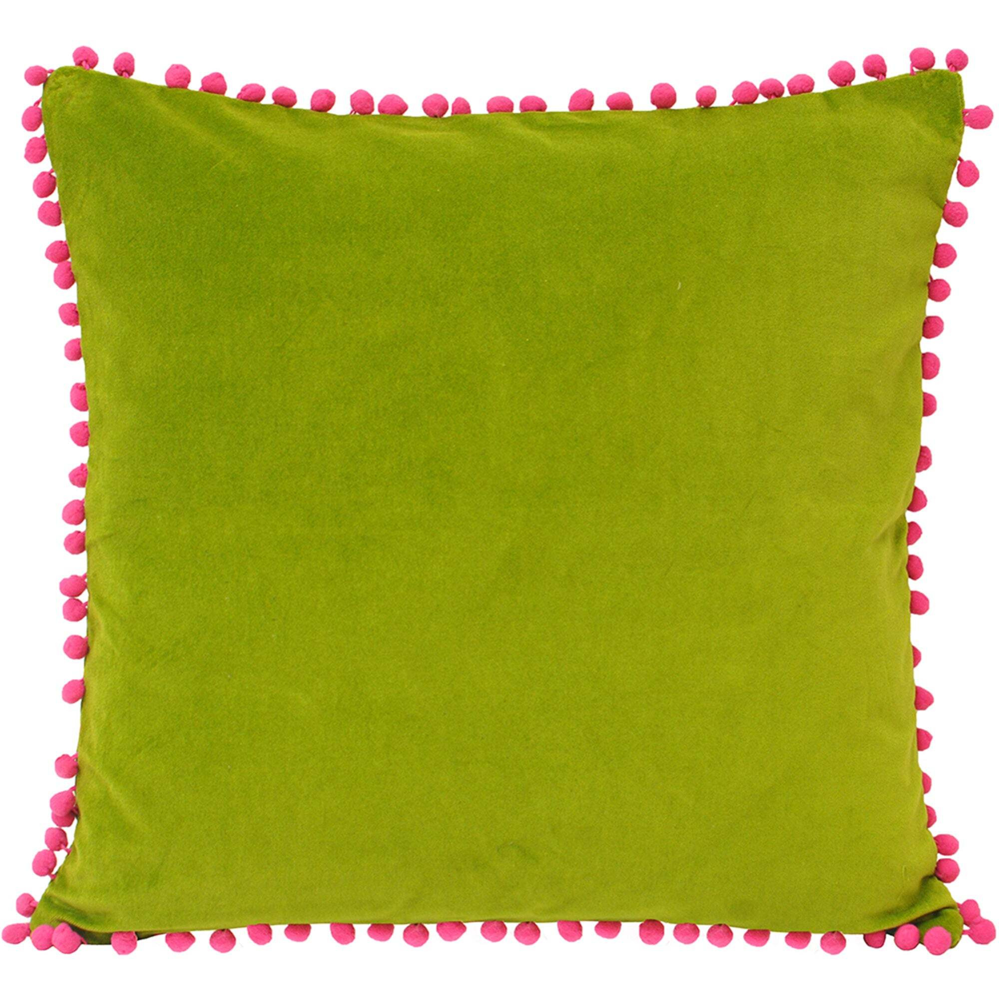Velvet Pom Pom Cushion Green