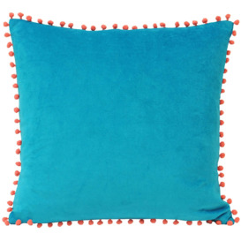 Velvet Pom Pom Cushion Blue