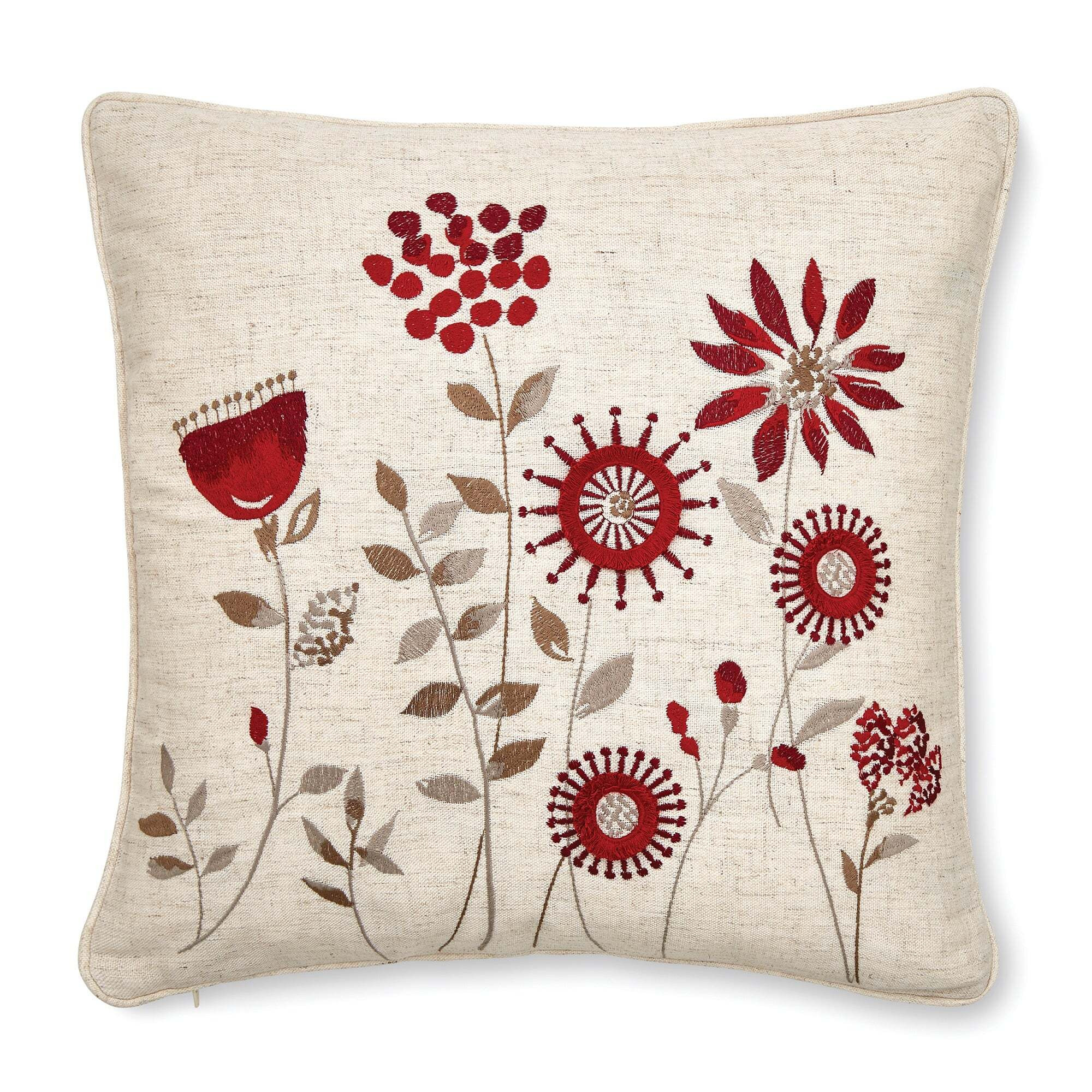 Scandi Field Embroidered Cushion Red