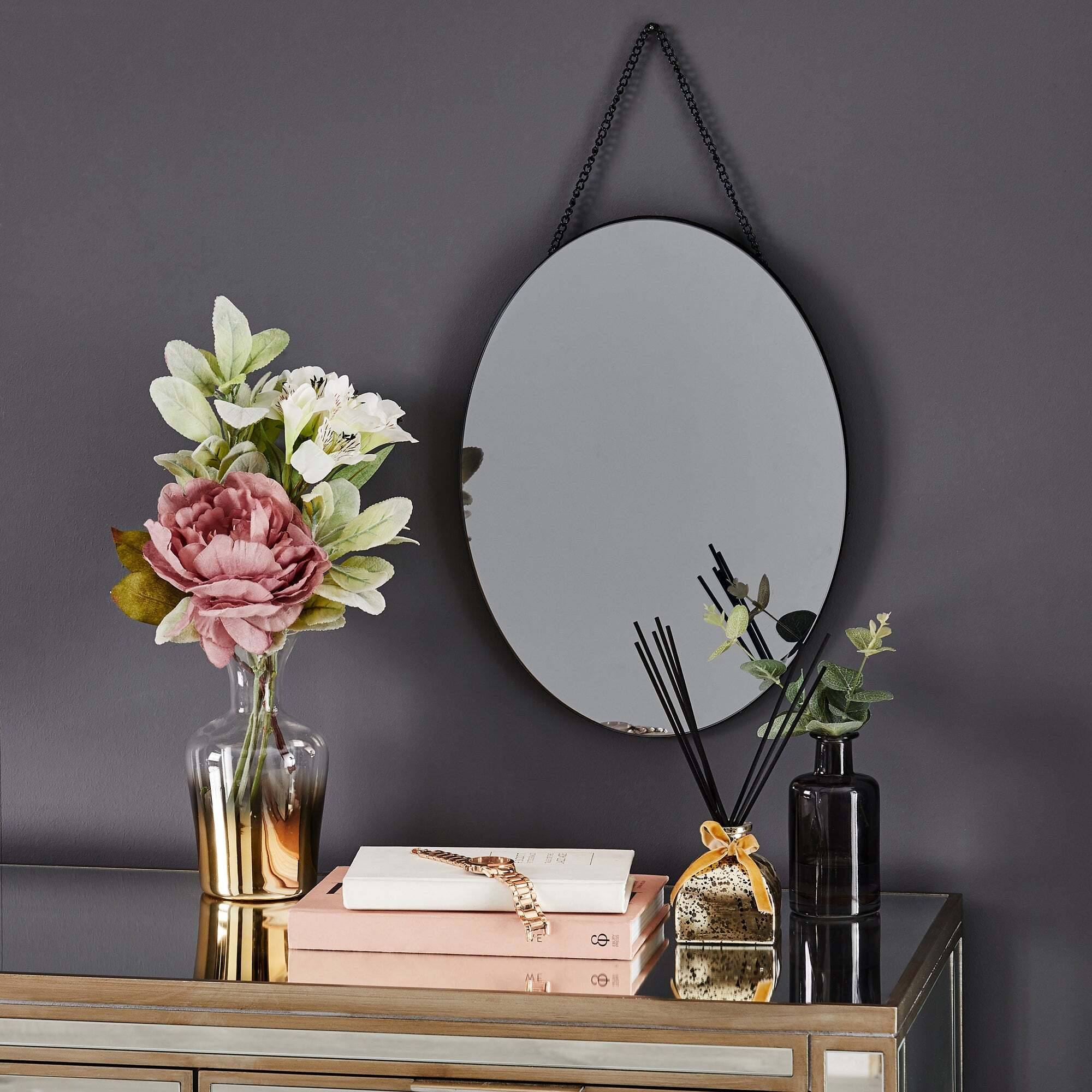 Oval Smoked Hanging Mirror, 40x30cm Clear