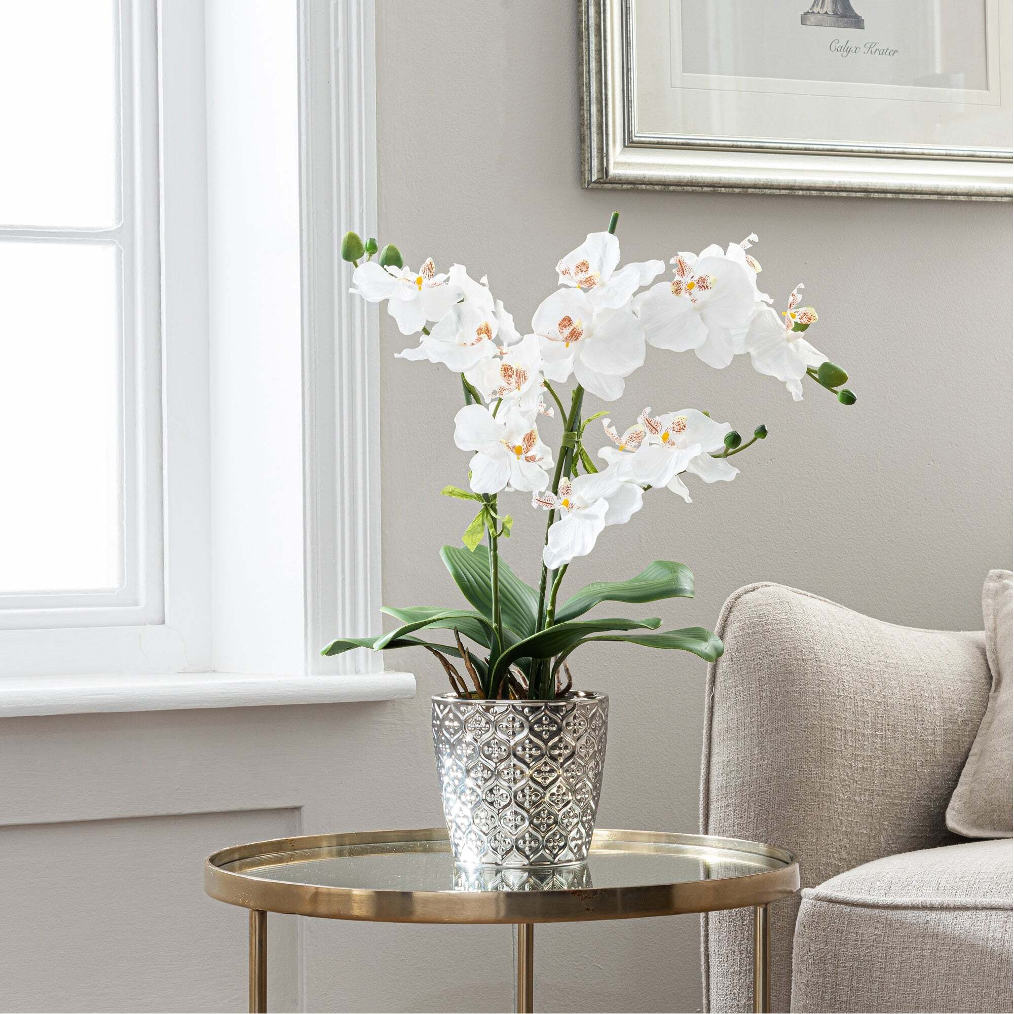 Artificial Orchid White In Silver Pot 50cm White
