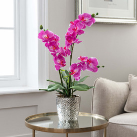 Artificial Orchid Pink in Silver Vase 28cm Pink/Green/Silver