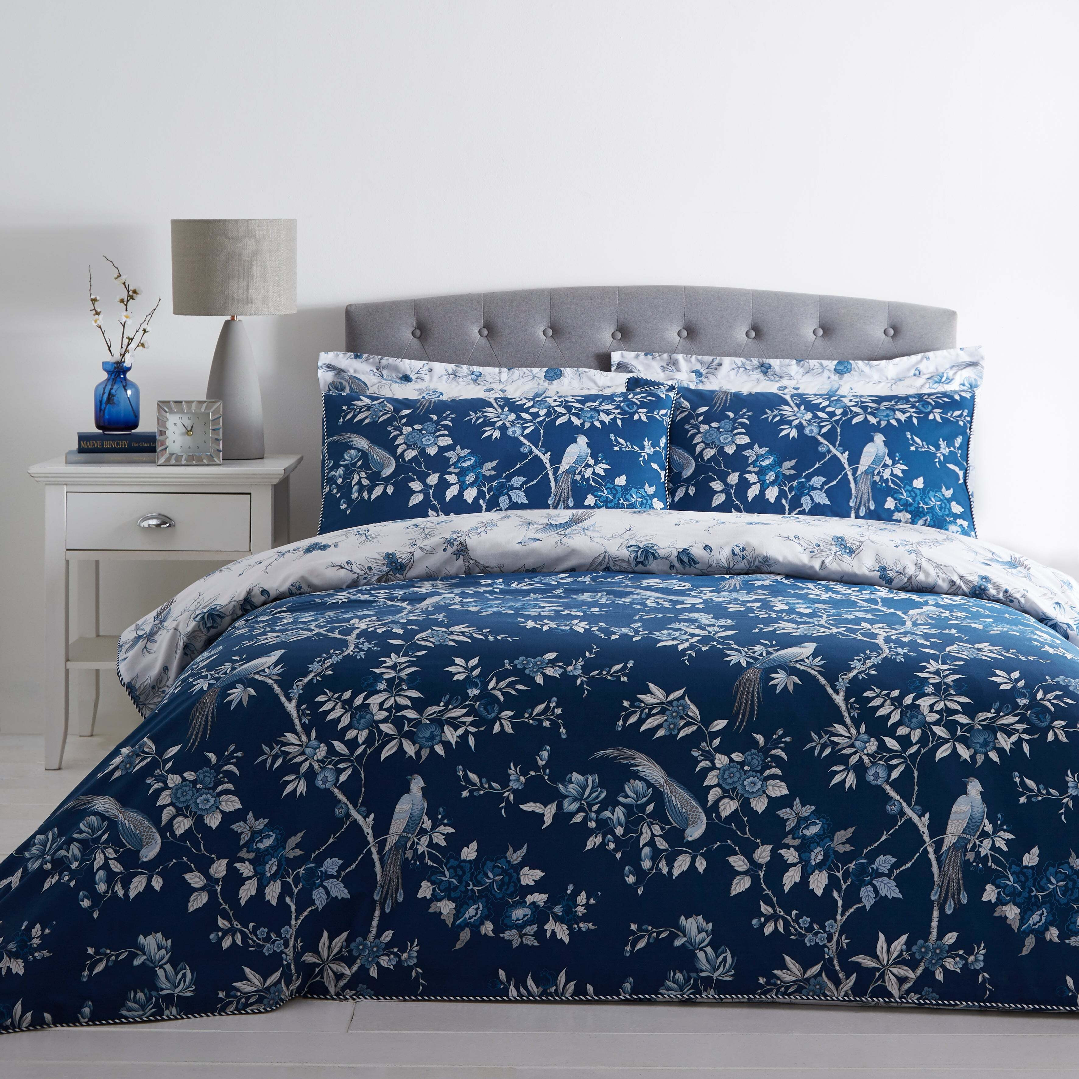 Oriental Bird Blue Duvet Cover and Pillowcase Set Blue