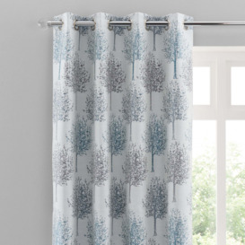 Jacquard Trees Teal Eyelet Curtains Blue and White