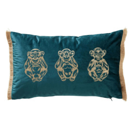 Three Monkeys Teal Velvet Cushion Blue and Brown