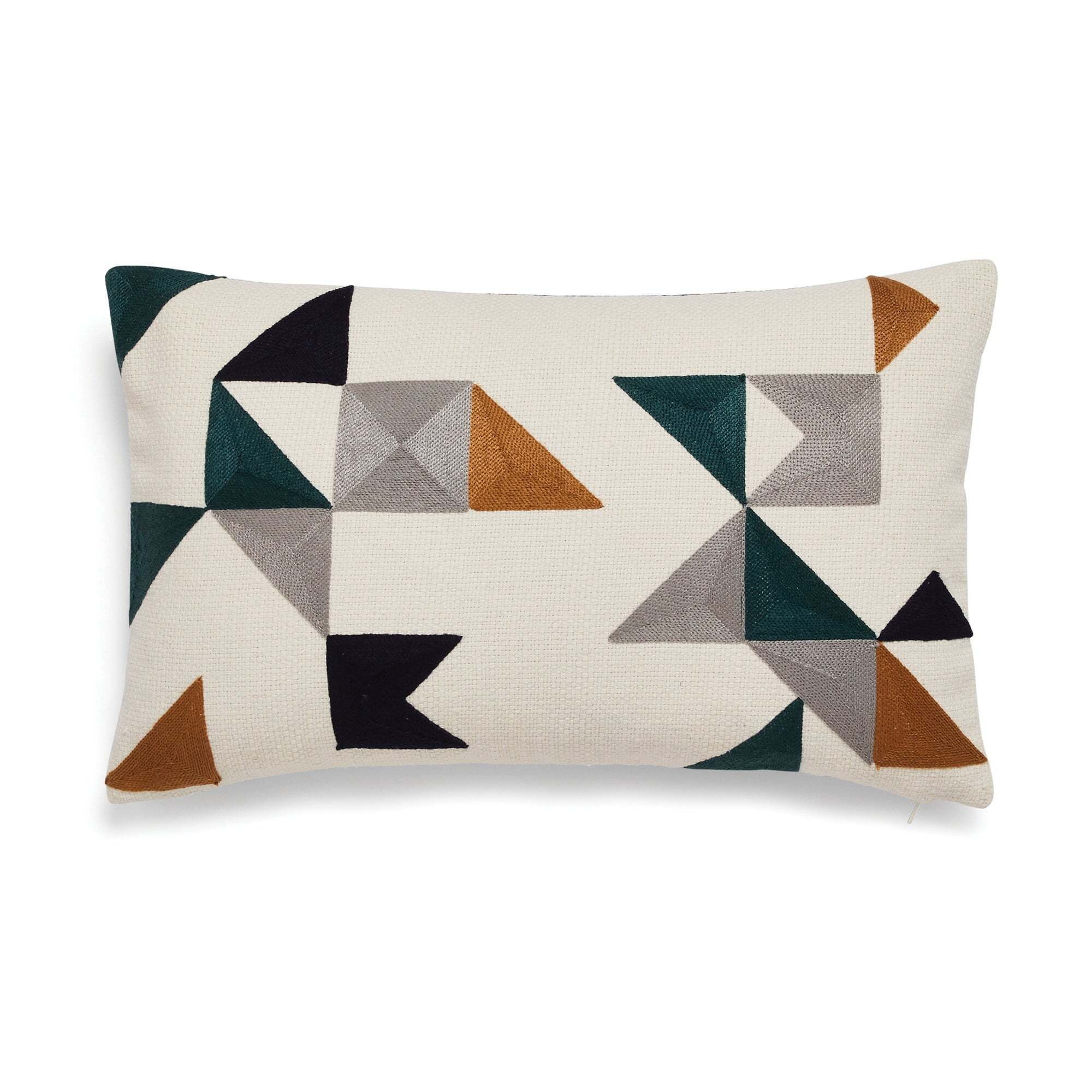 Elements Triangle Crewel Cushion Cream, Teal Blue, Grey and Ochre Yellow