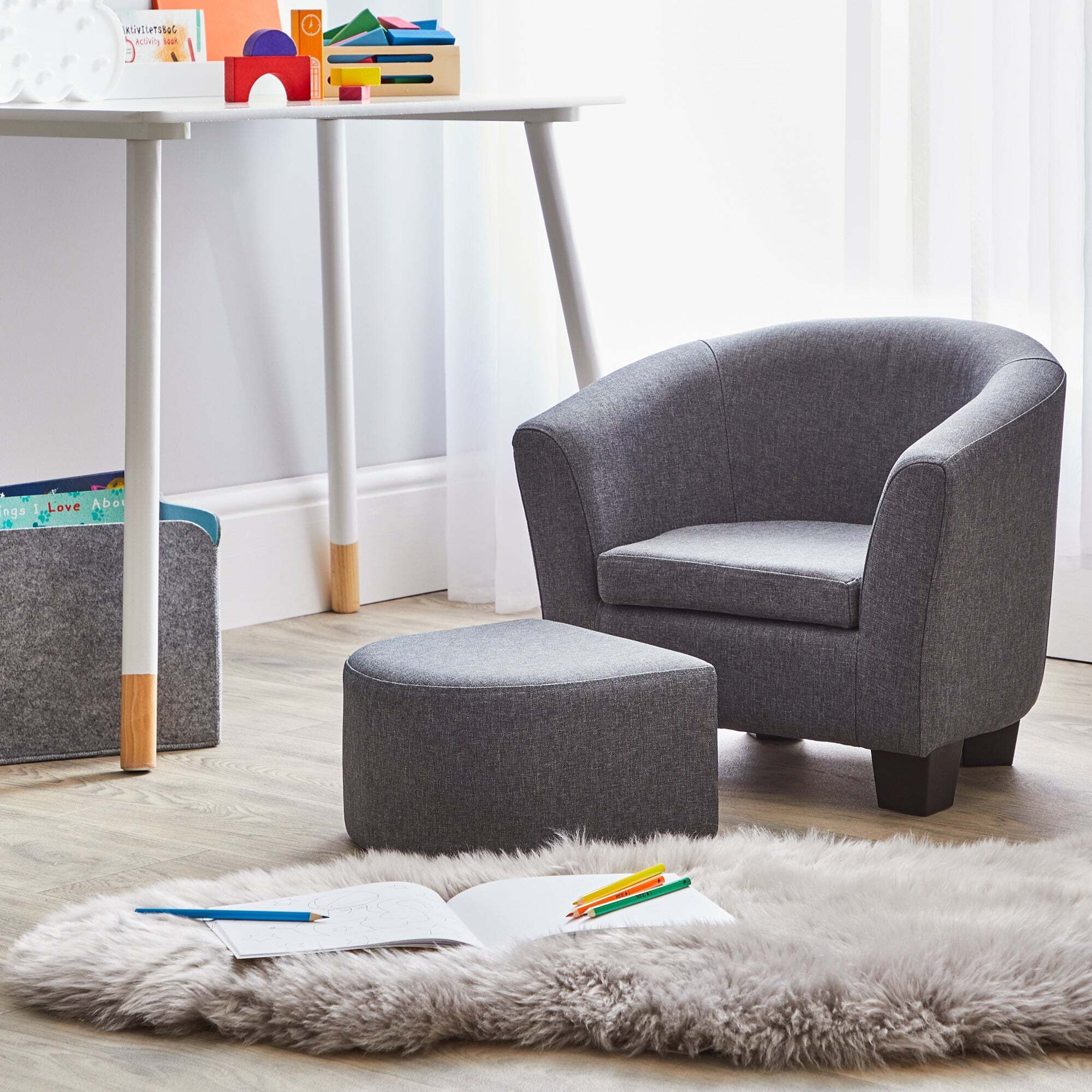 Kid's Grey Linen Armchair and Footstool Grey by Dunelm