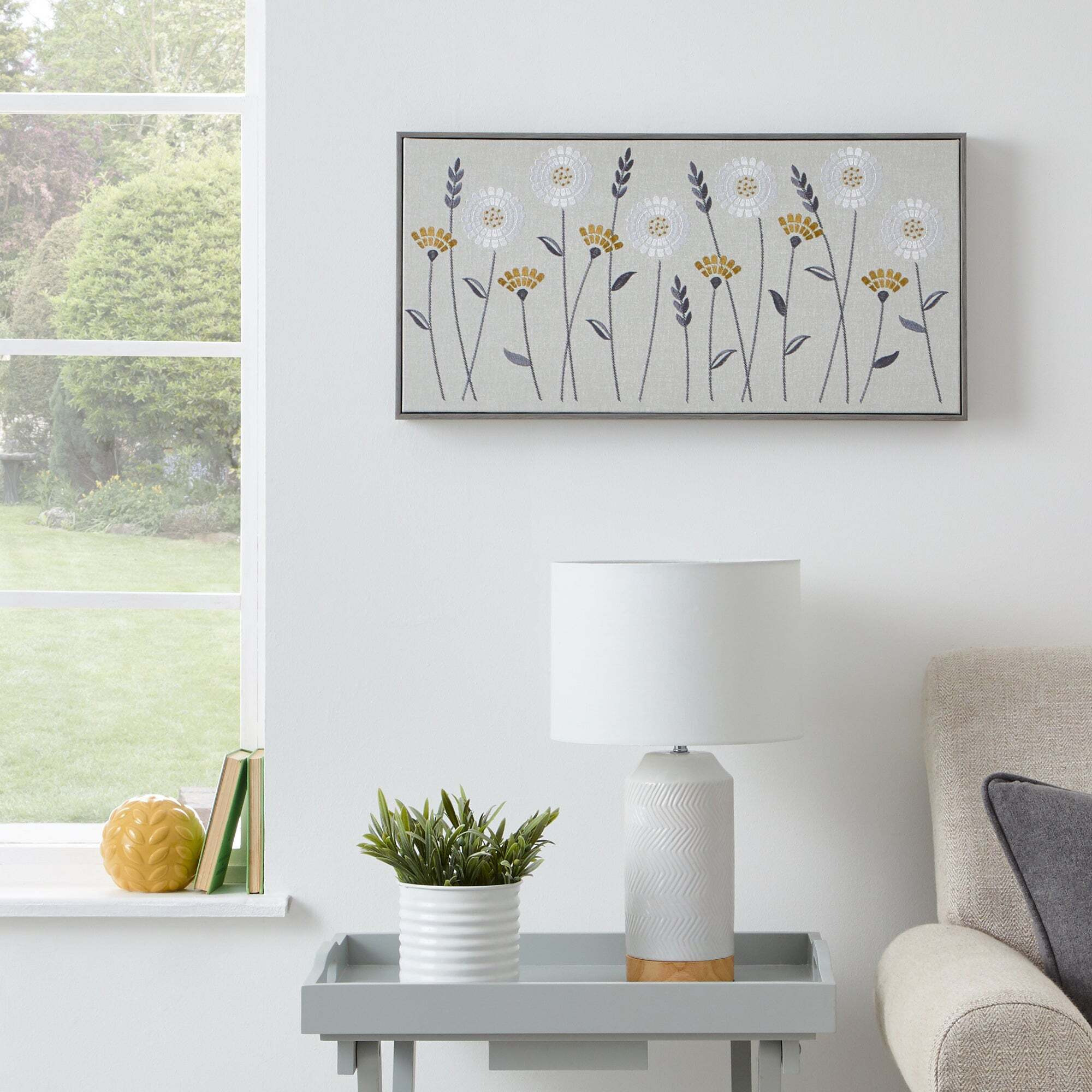 Scandi Floral Embellished Boxed Canvas Beige/Grey