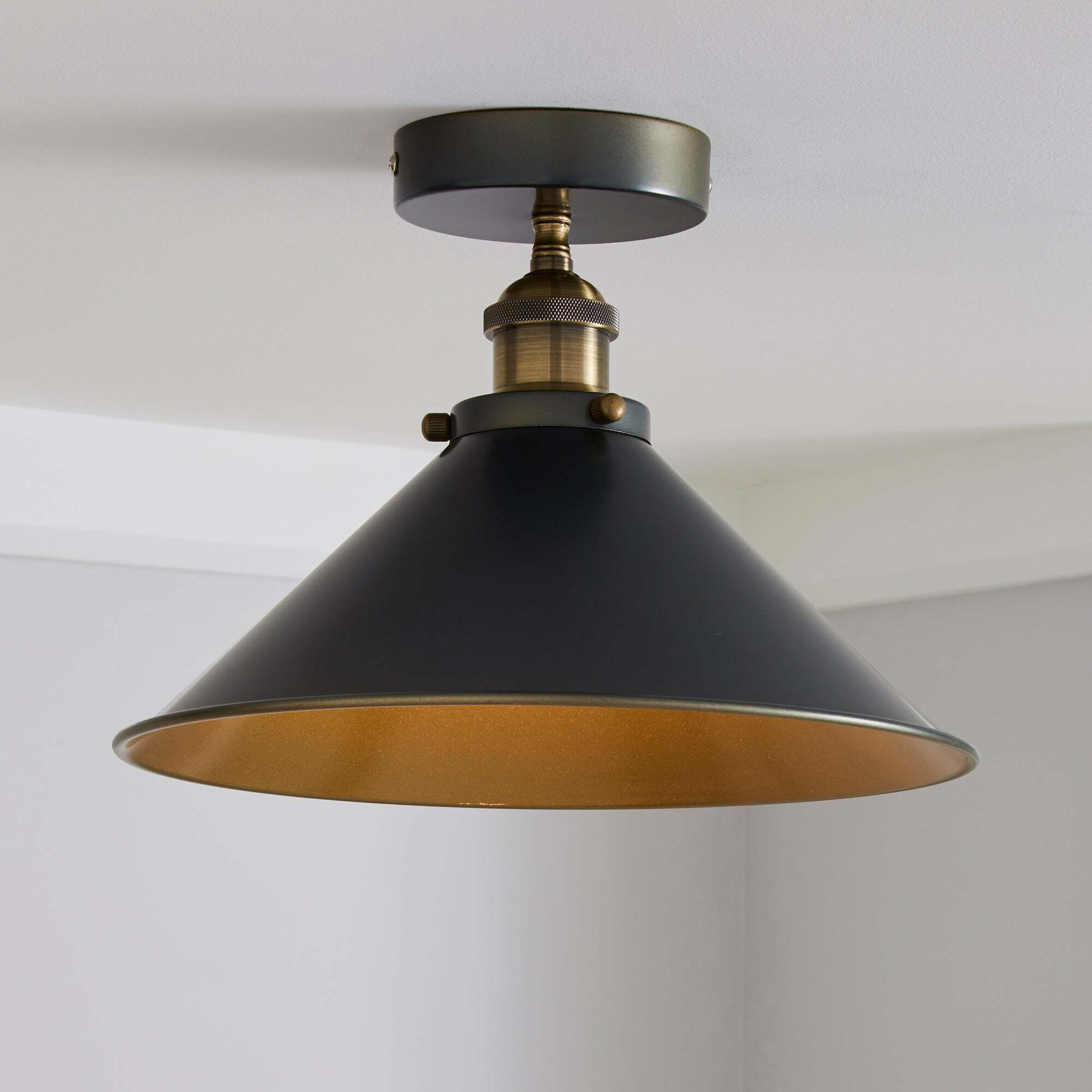 Logan 1 Light Pendant Grey Industrial Semi-Flush Ceiling Fitting Black and Gold