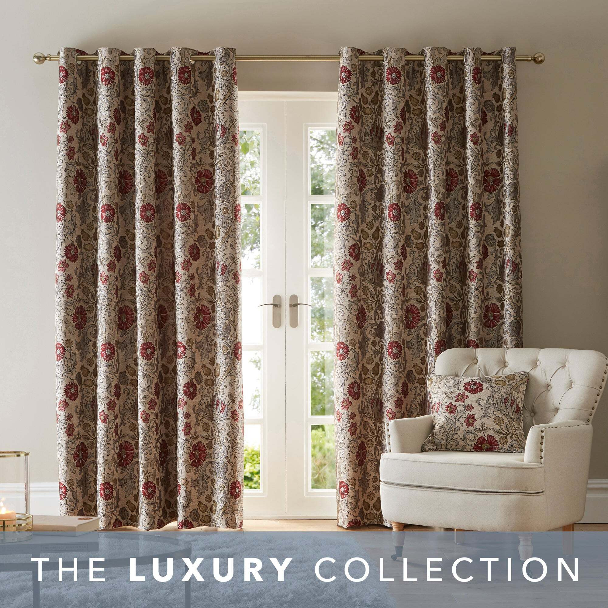 Betsy Natural Chenille Jacquard Eyelet Curtains Brown and Red