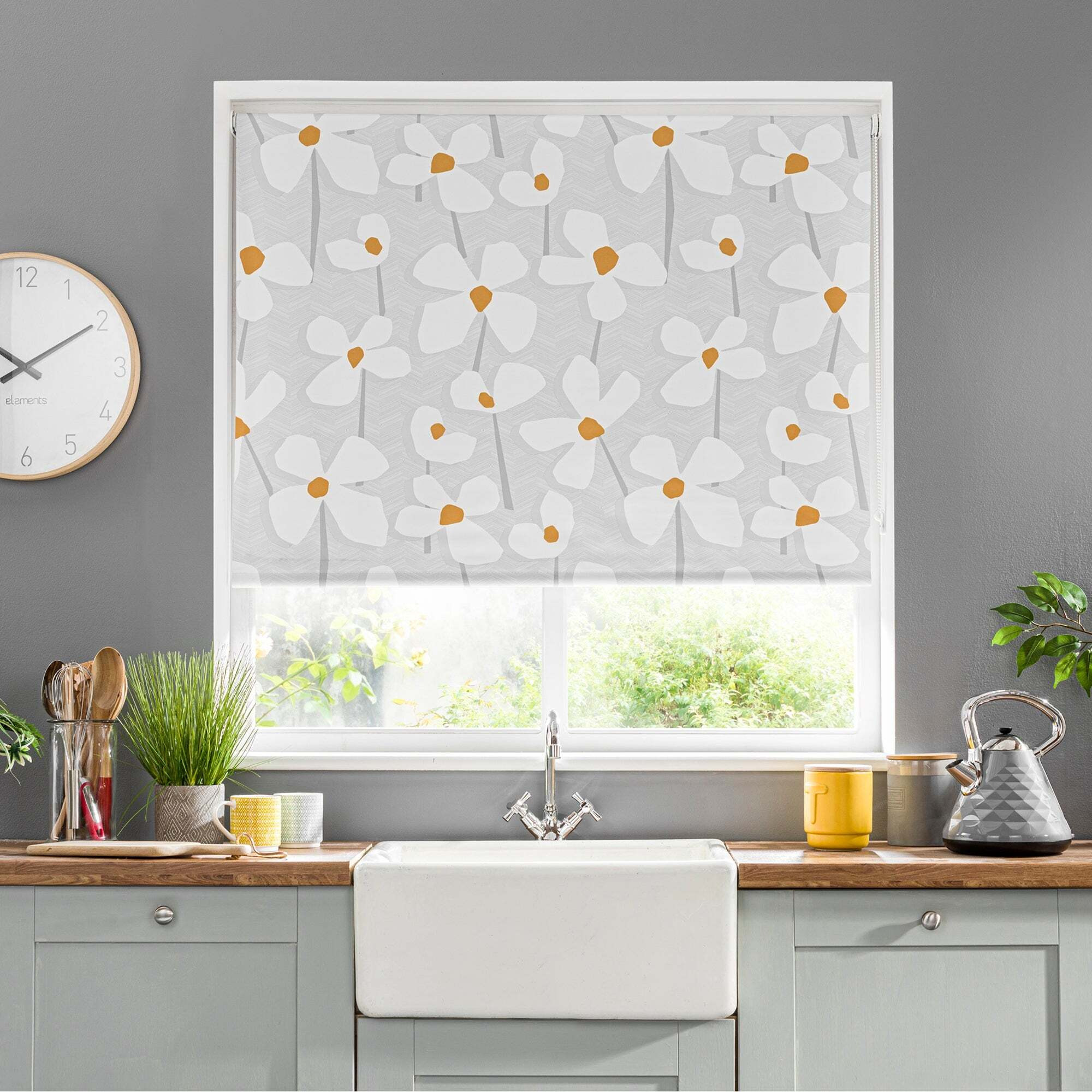 Elements Lena Floral Ochre Blackout Roller Blind Grey, White and Yellow