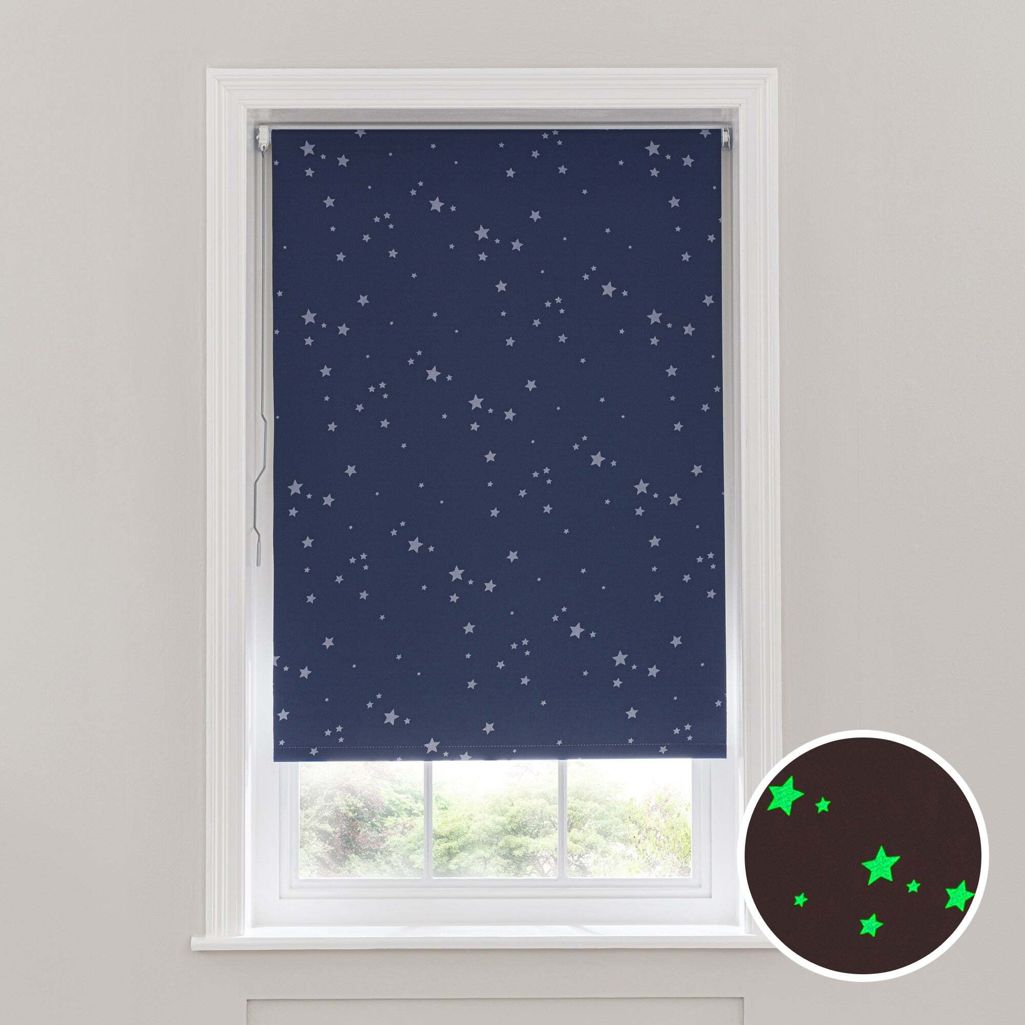 Glow in the Dark Stars Cordless Blackout Roller Blind Navy and Grey