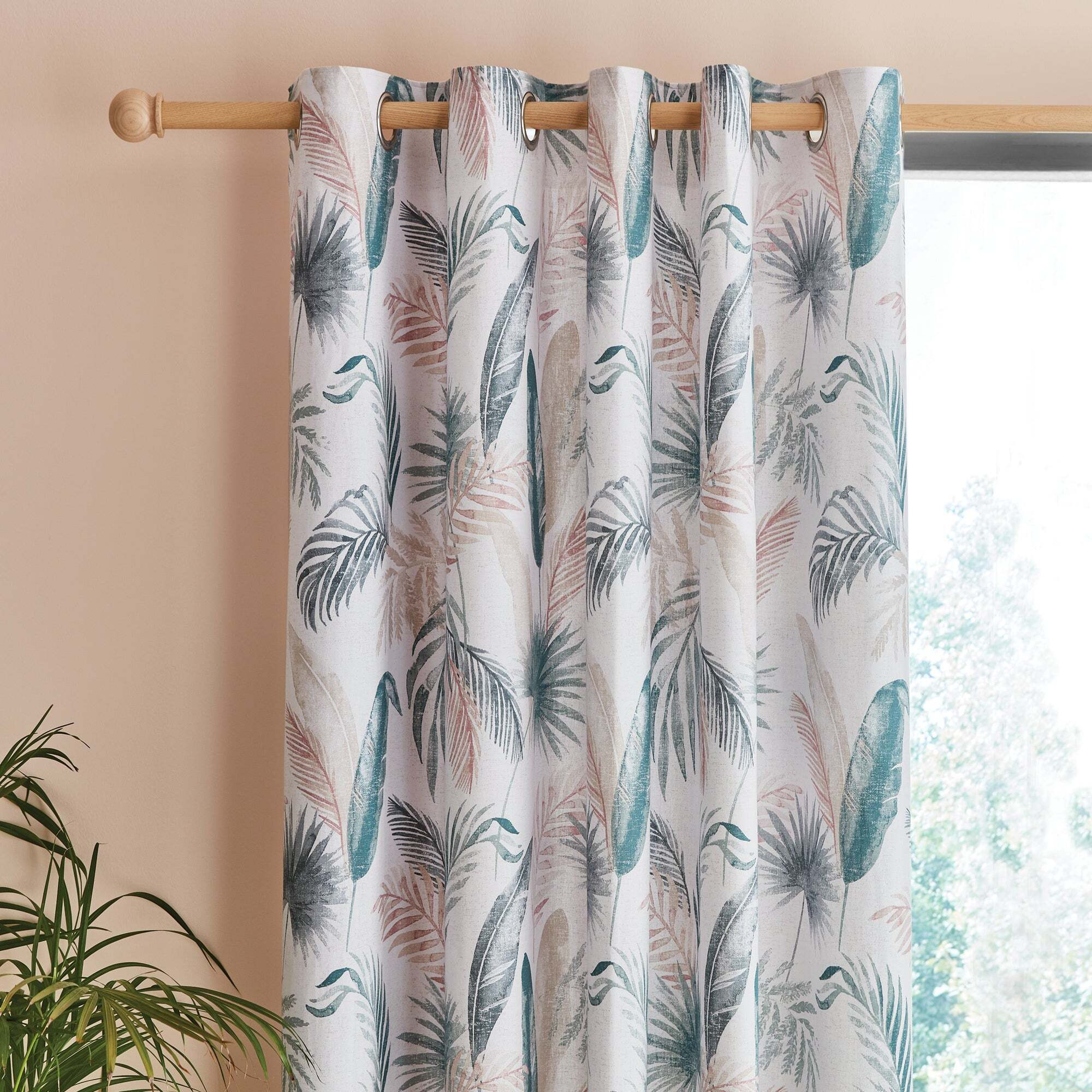 Palm Leaf Teal Eyelet Curtains White, Blue and Pink