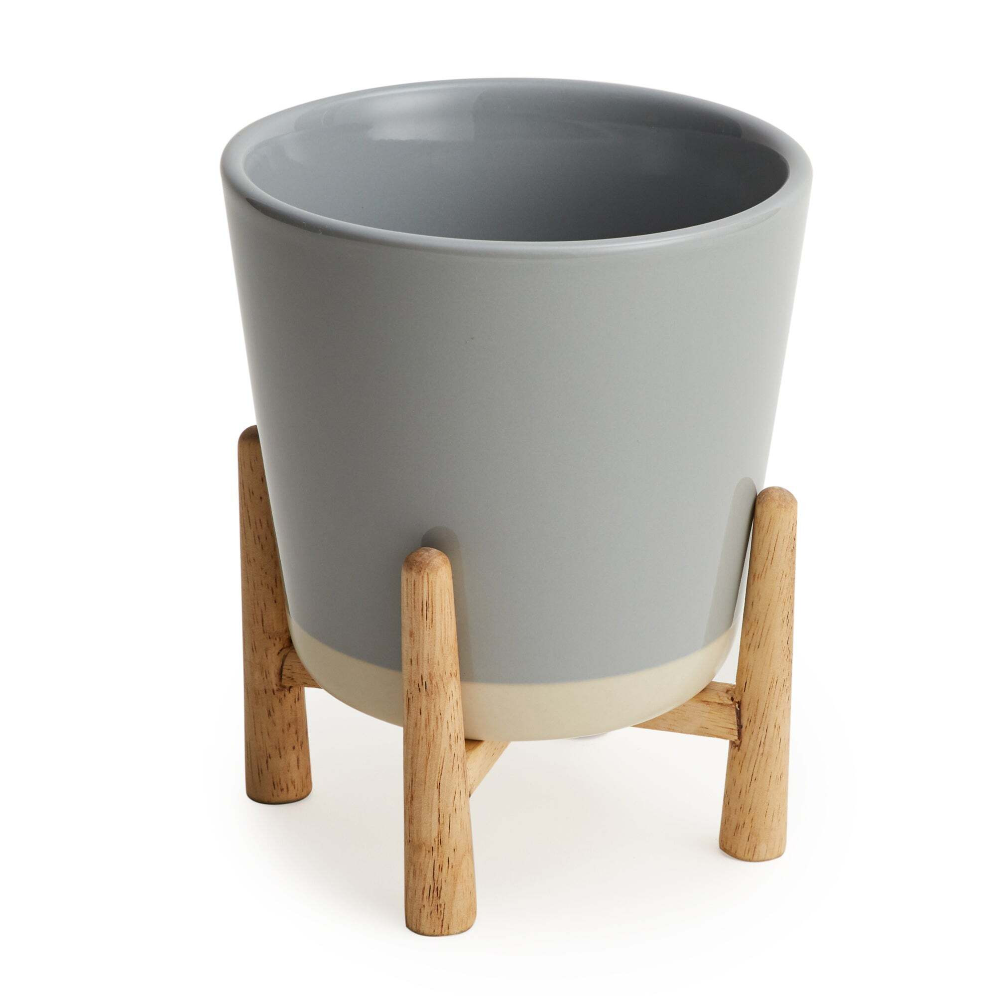 Grey Ceramic Planter and Wood Stand Grey