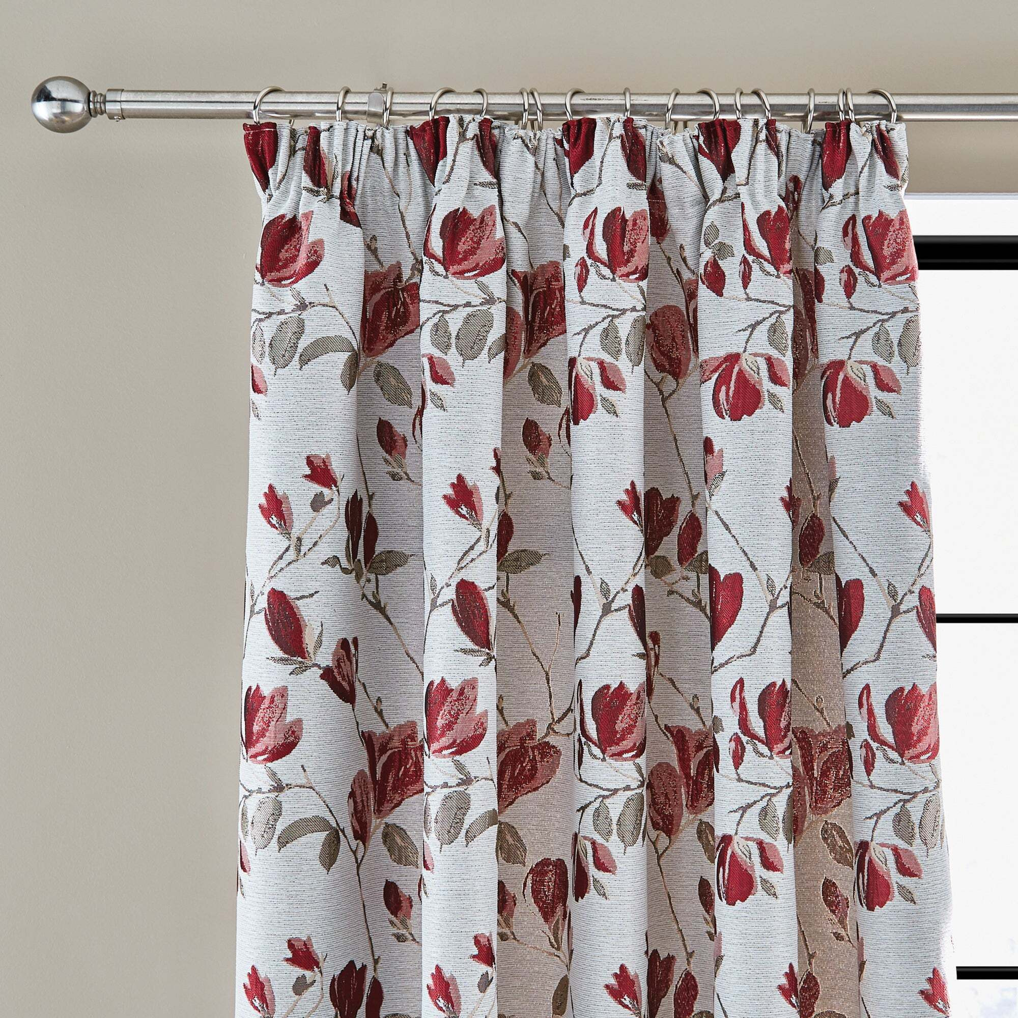 Ellis Floral Jacquard Red Pencil Pleat Curtains Red and Grey