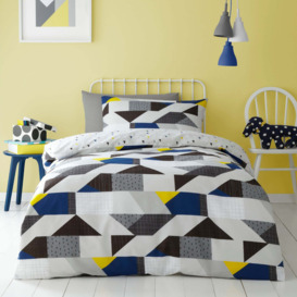 Graphic Geo 100% Cotton Duvet Cover and Pillowcase Set Grey, Blue and Yellow