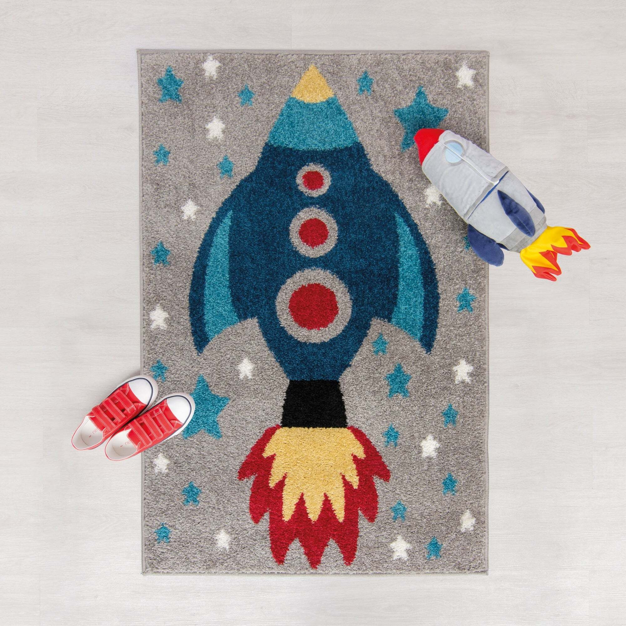 Space Rocket Rug Grey, Blue and Red