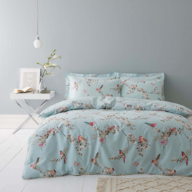 Beautiful Birds Duck-Egg Duvet Cover and Pillowcase Set Blue and Pink