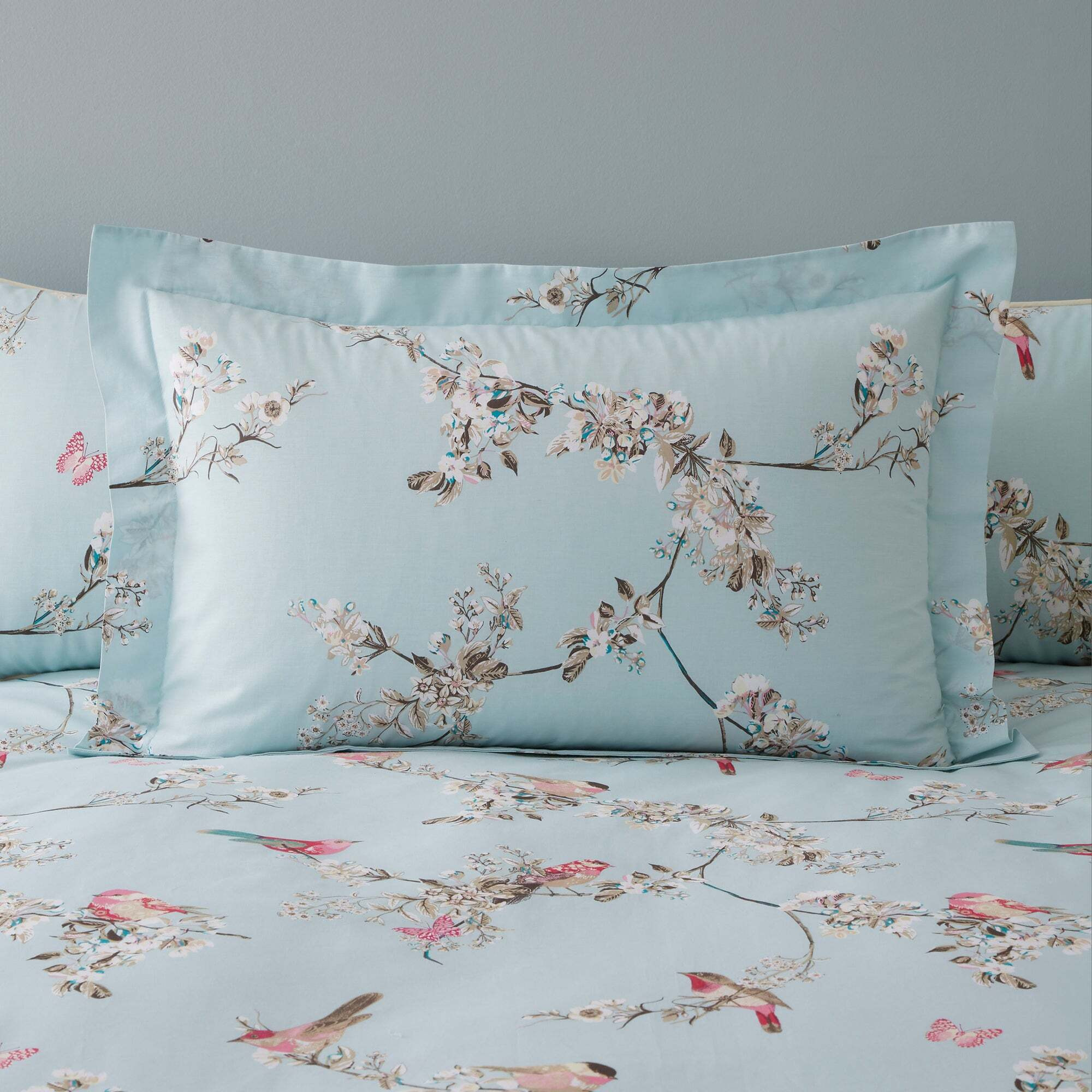 Beautiful Birds Duck-Egg Oxford Pillowcase Blue/Pink/White