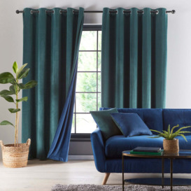 Reversible Peacock Green and Navy Velour Eyelet Curtains Green