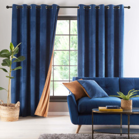 Reversible Navy and Butterscotch Velour Eyelet Curtains Navy Blue and Orange