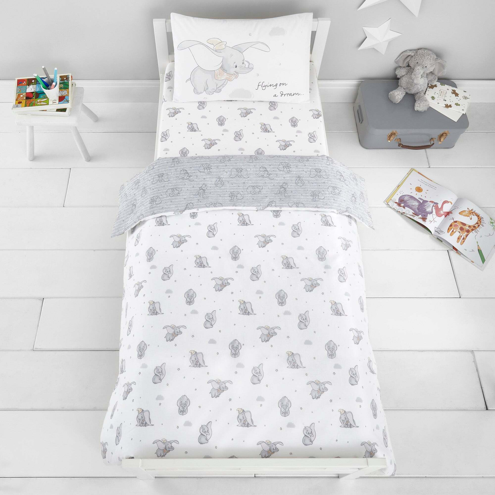 Dumbo 100% Cotton Cot Bed Toddler Duvet and Pillowcase Set Grey