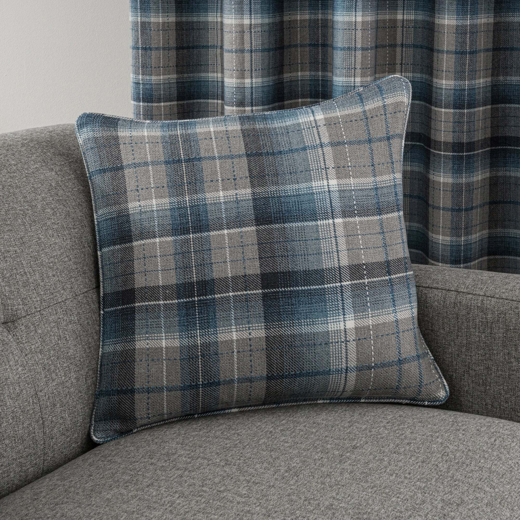 Inverness Check Blue Cushion Blue, Grey and White