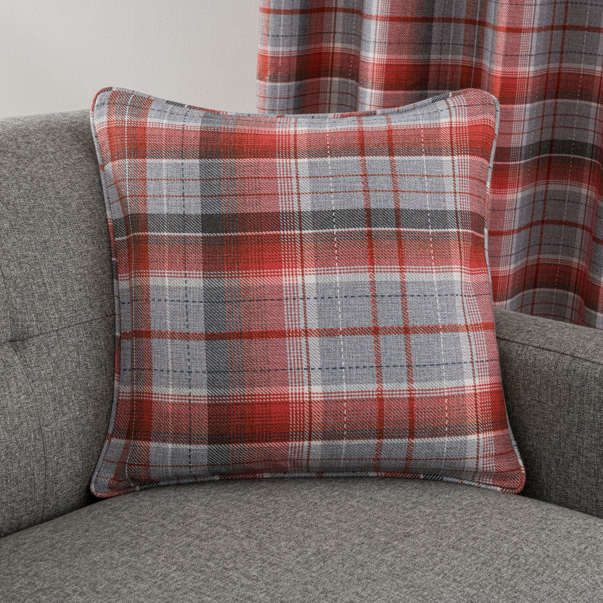 Inverness Check Red Cushion Red, Grey and White