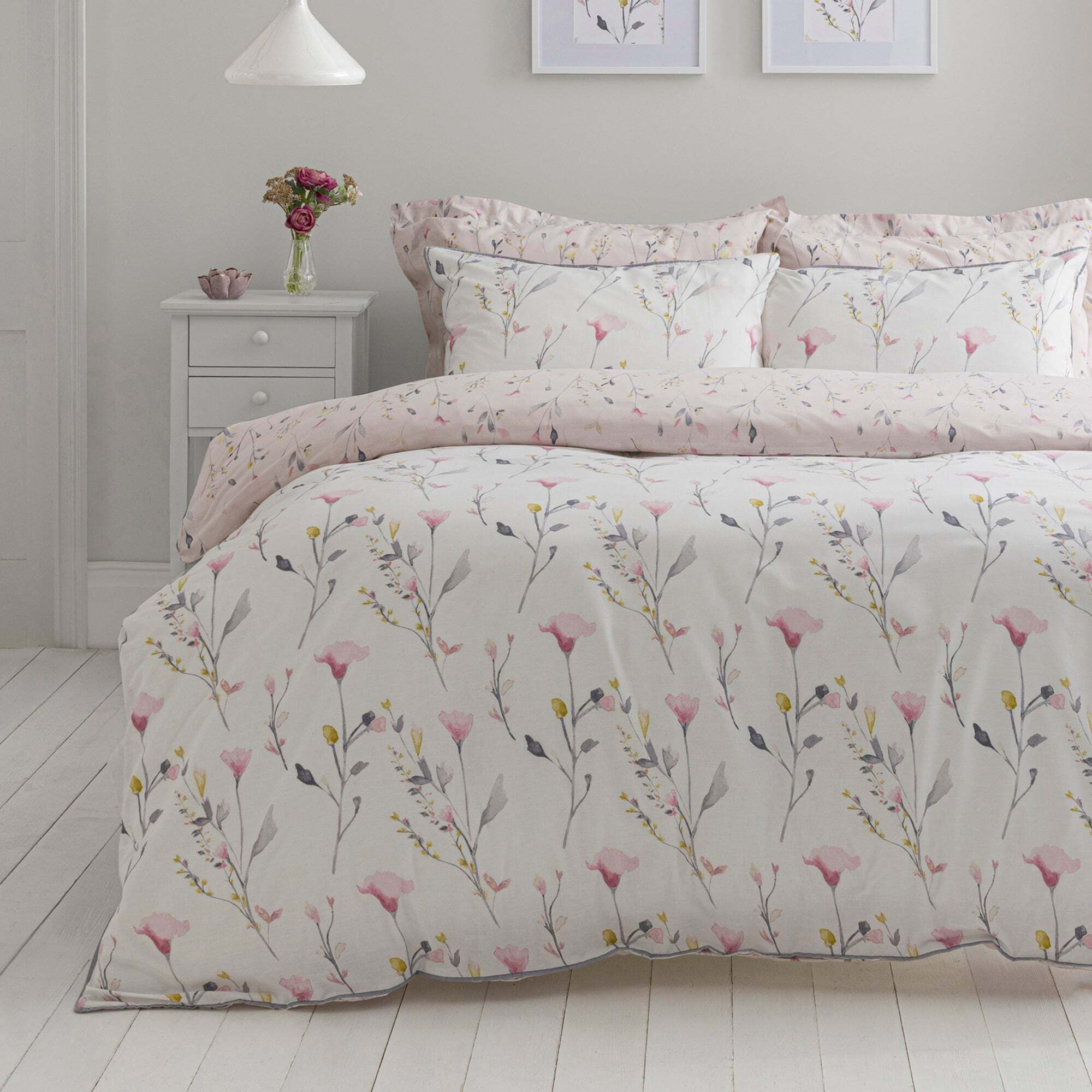 Fiori Pink Floral Reversible Duvet Cover and Pillowcase Set Pink, Grey and Yellow