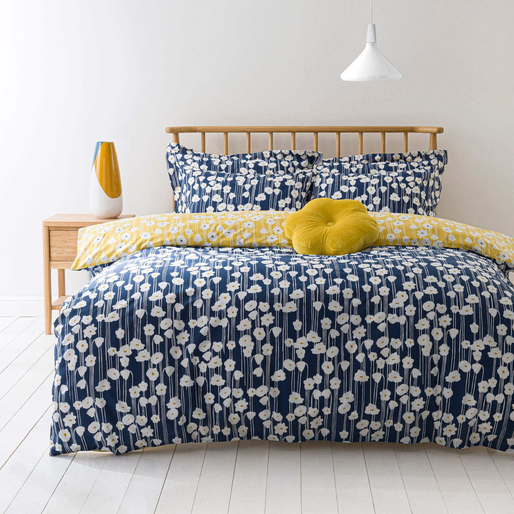 Elements Margo Navy Duvet Cover and Pillowcase Set Navy, White and Yellow