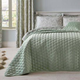 Evesham Green Quilted Velvet Bedspread Green