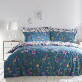 Fleur Teal Duvet Cover and Pillowcase Set Blue, Green and Yellow