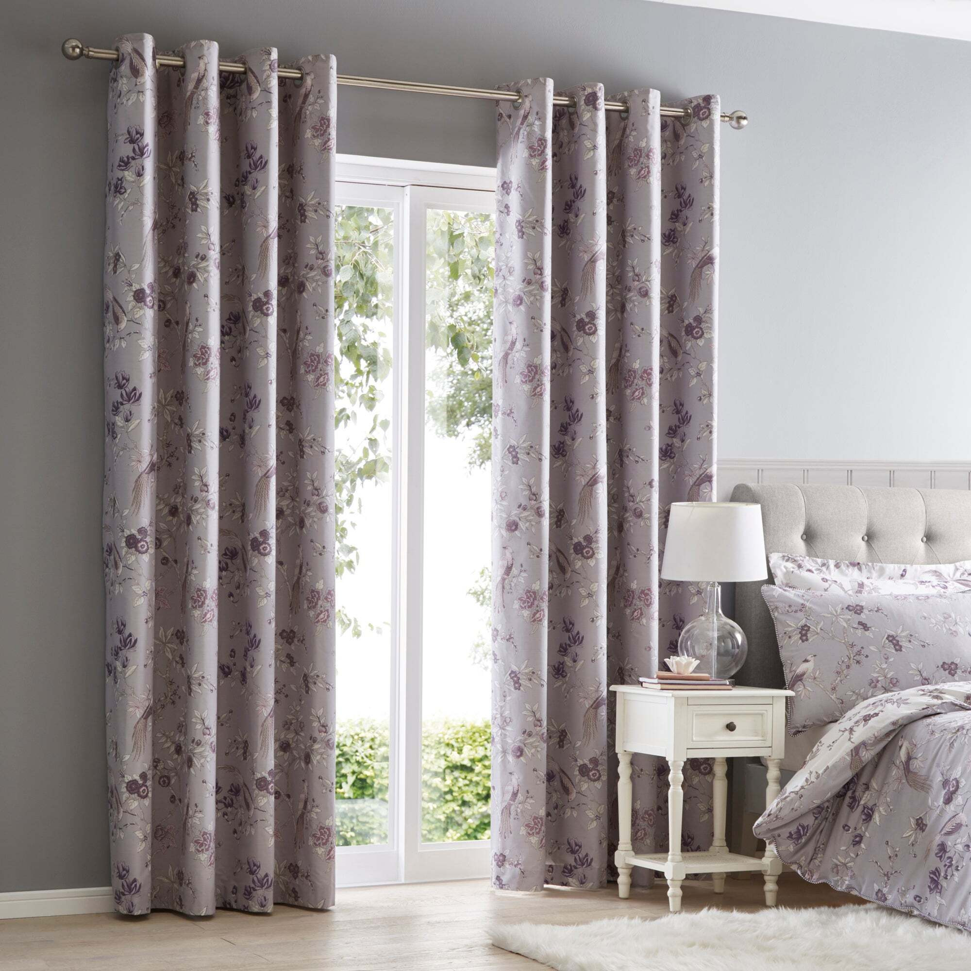 Oriental Bird Purple Blackout Eyelet Curtains Purple, Brown and White