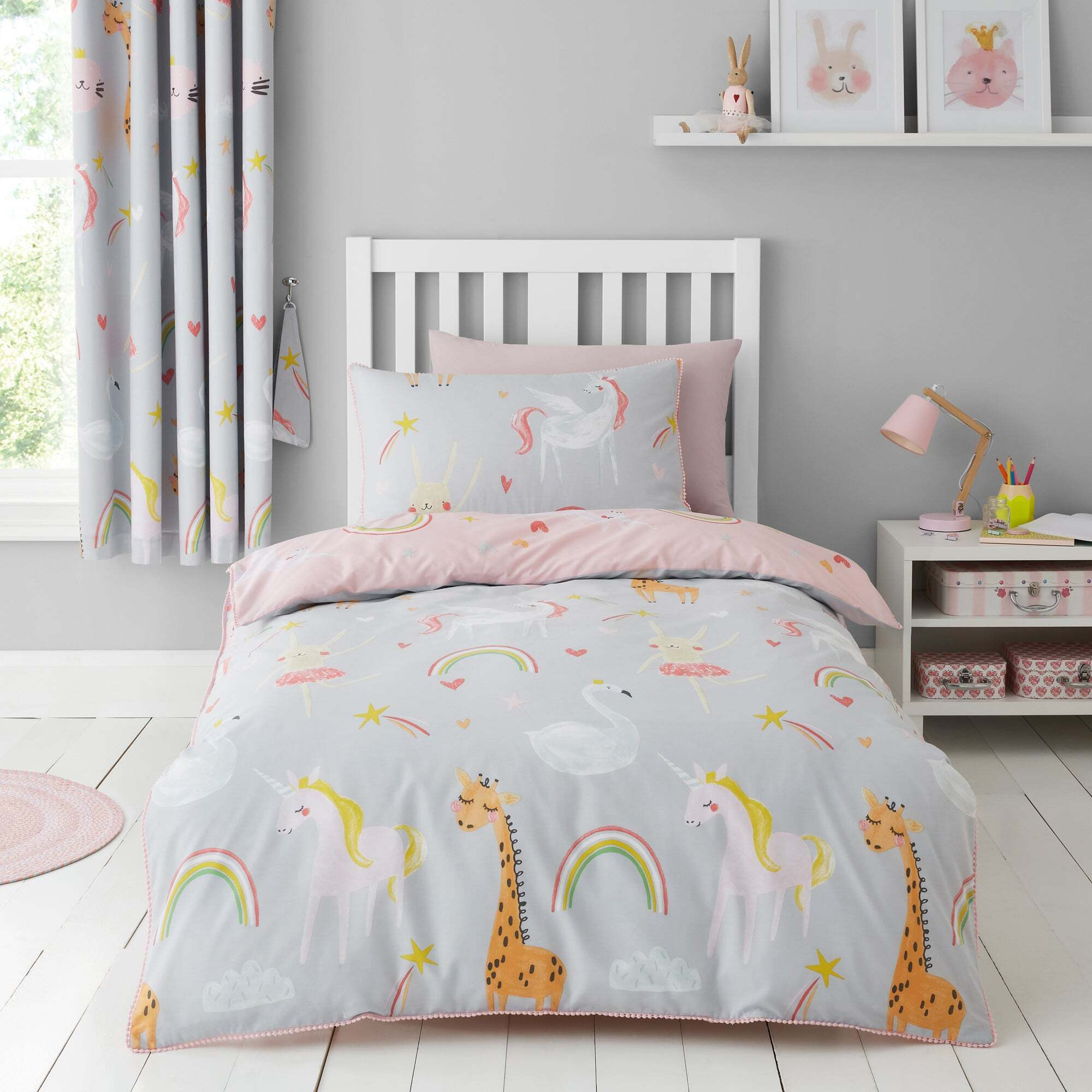 Party Animals Grey Duvet Cover and Pillowcase Set Grey/Pink