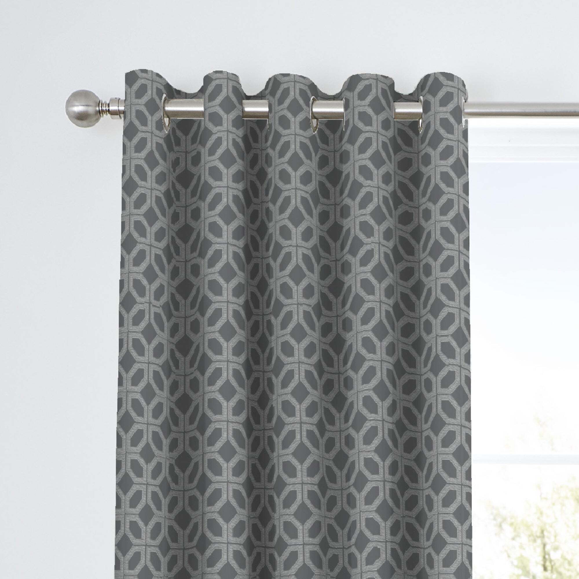 Curtina Oriental Squares Geometric Charcoal Eyelet Curtains Charcoal and White
