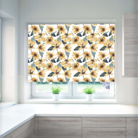 Floral and Leaf Ochre Blackout Roller Blind Yellow, Green and White