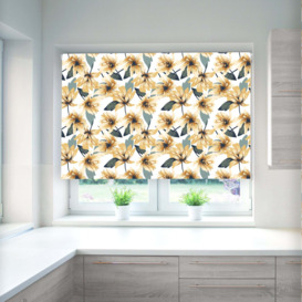 Floral and Leaf Ochre Blackout Roller Blind White, Grey and Brown