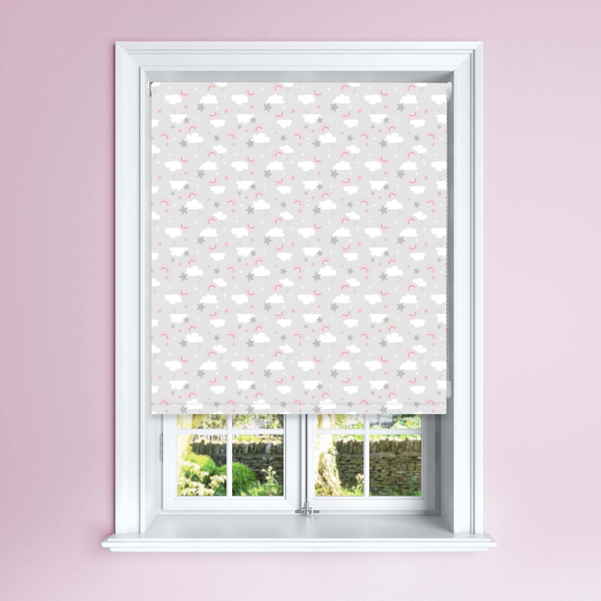 Grey Cloud & Rainbow Blackout Roller Blind Grey, White and Pink