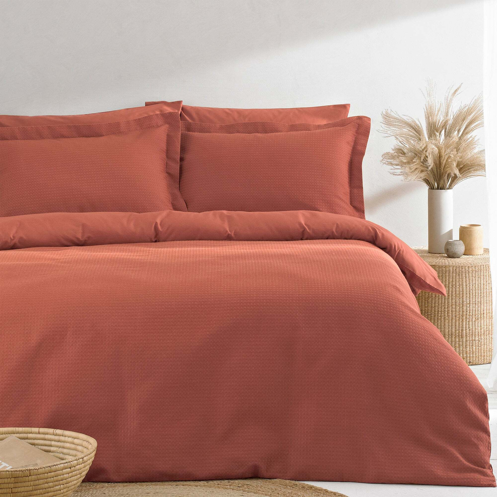 The Linen Yard Waffle Red Clay 100% Cotton Duvet Cover and Pillowcase Set Red