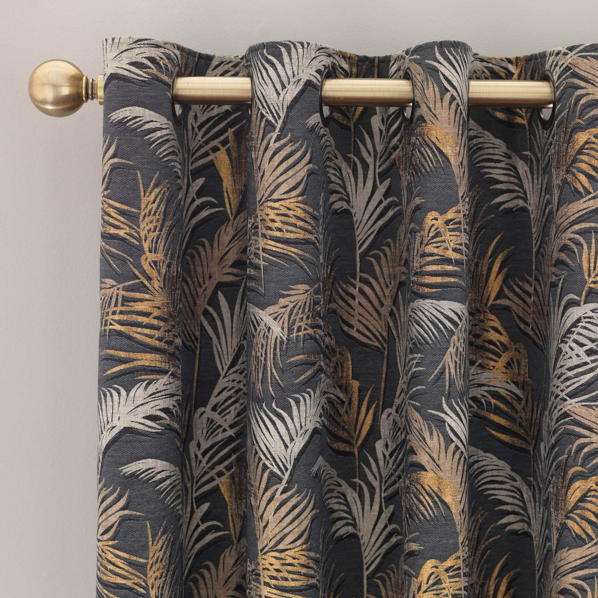 Palm Charcoal Eyelet Curtains Charcoal and Yellow