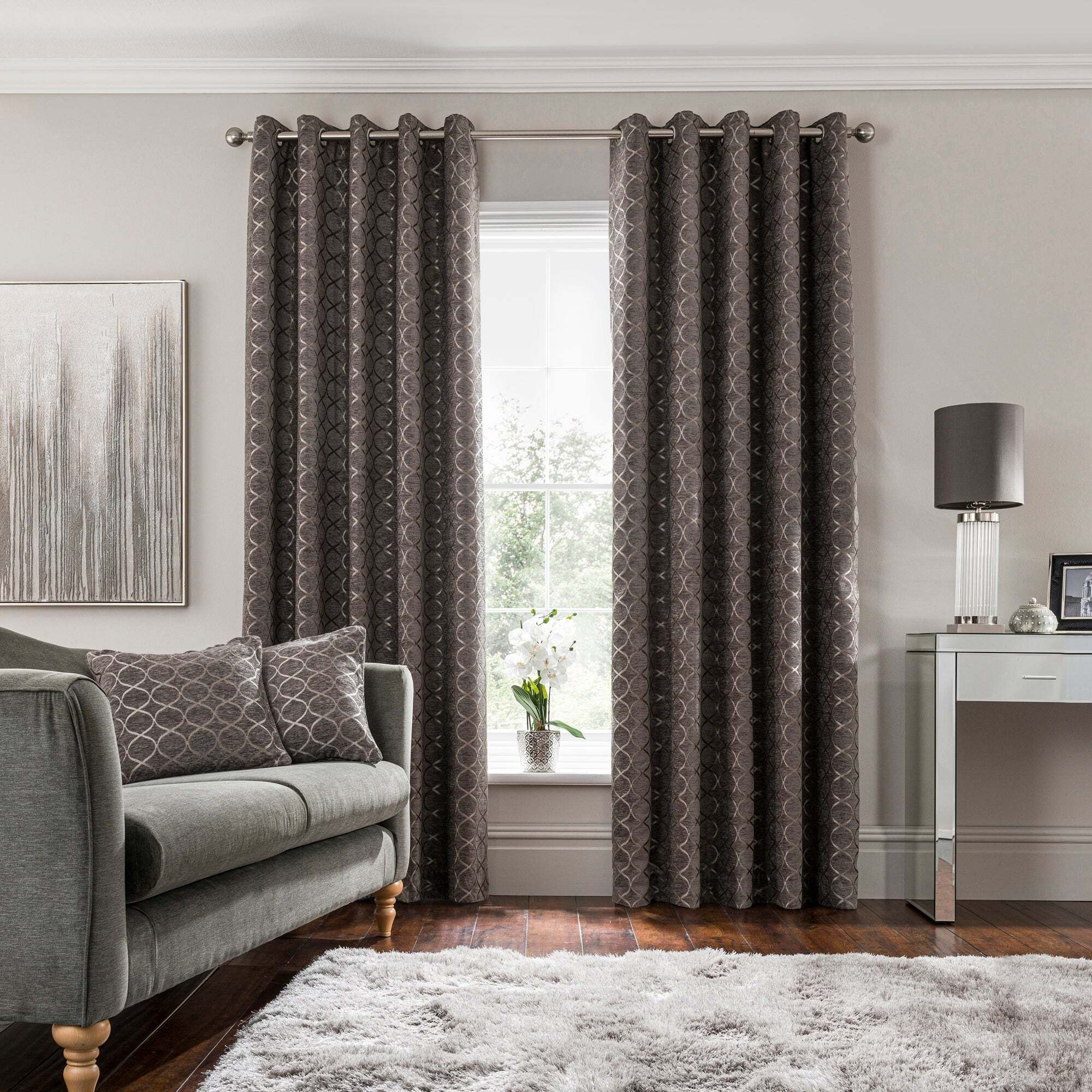 Chenille Ogee Charcoal Eyelet Curtains grey