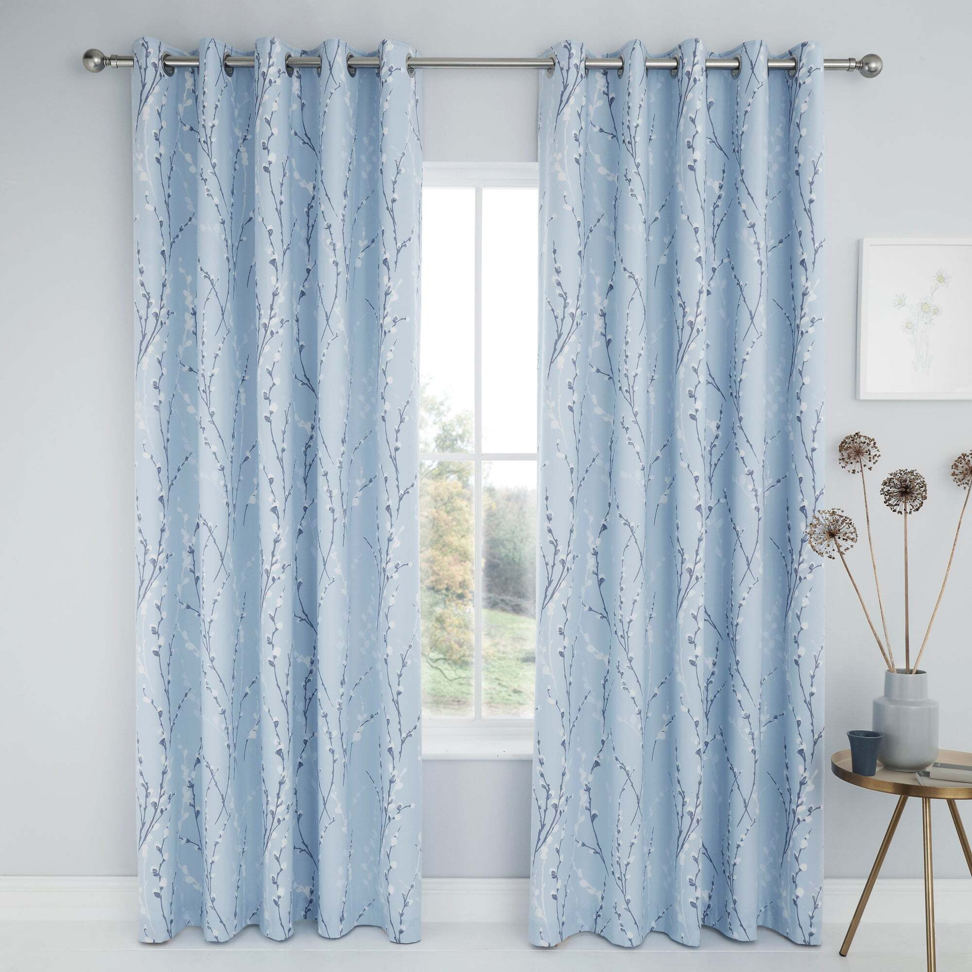 Belle Blue Blackout Eyelet Curtains Blue and White