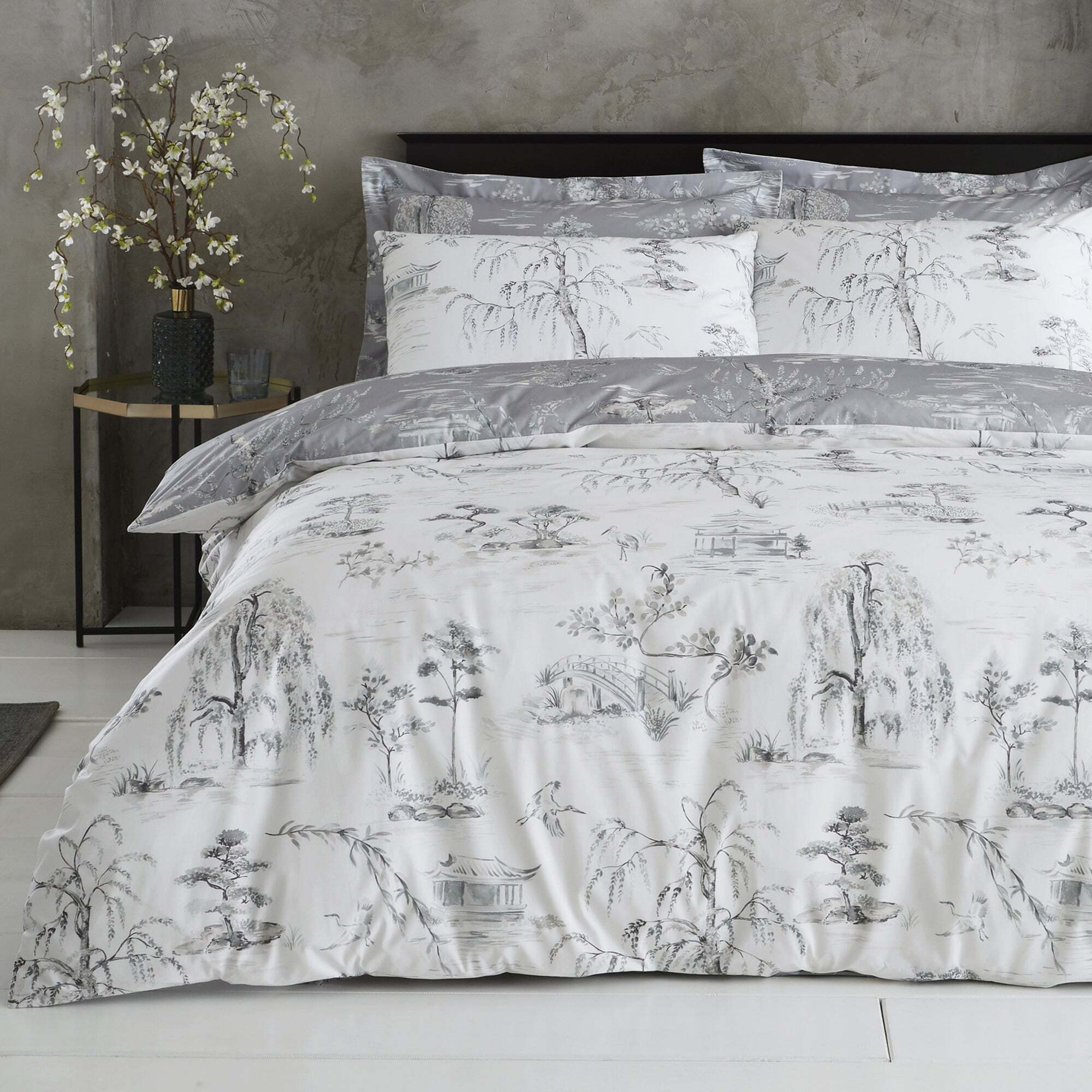 Chinoiserie Grey Reversible Duvet Cover and Pillowcase Set Grey