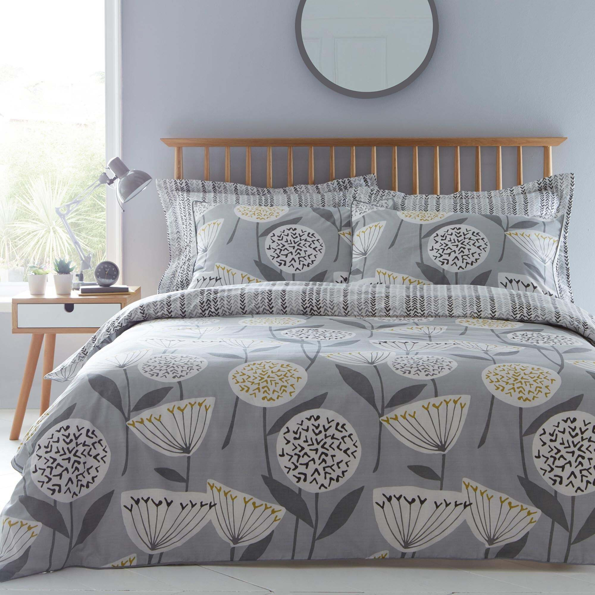 Elements Emmott Reversible Grey Duvet Cover and Pillowcase Set Grey, Yellow and White