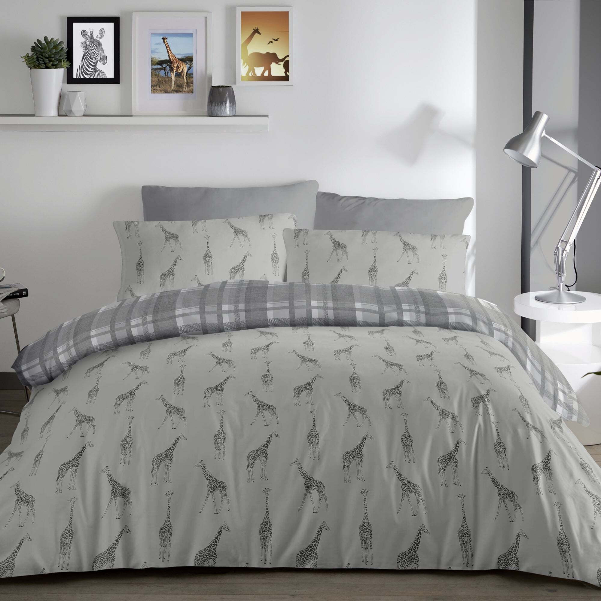 Fusion Giraffe Reversible Duvet Cover and Pillowcase Set Grey, Black and White