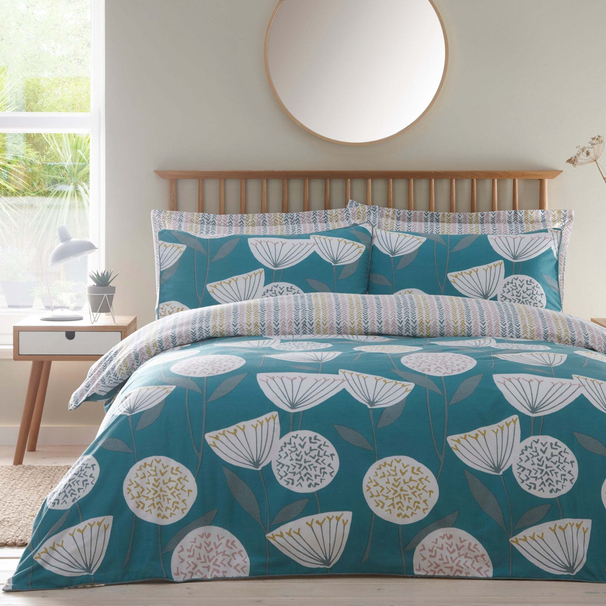 Elements Emmott Reversible Teal Duvet Cover and Pillowcase Set Blue/White