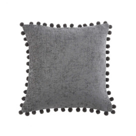 Chenille Square Pompom Cushion Grey