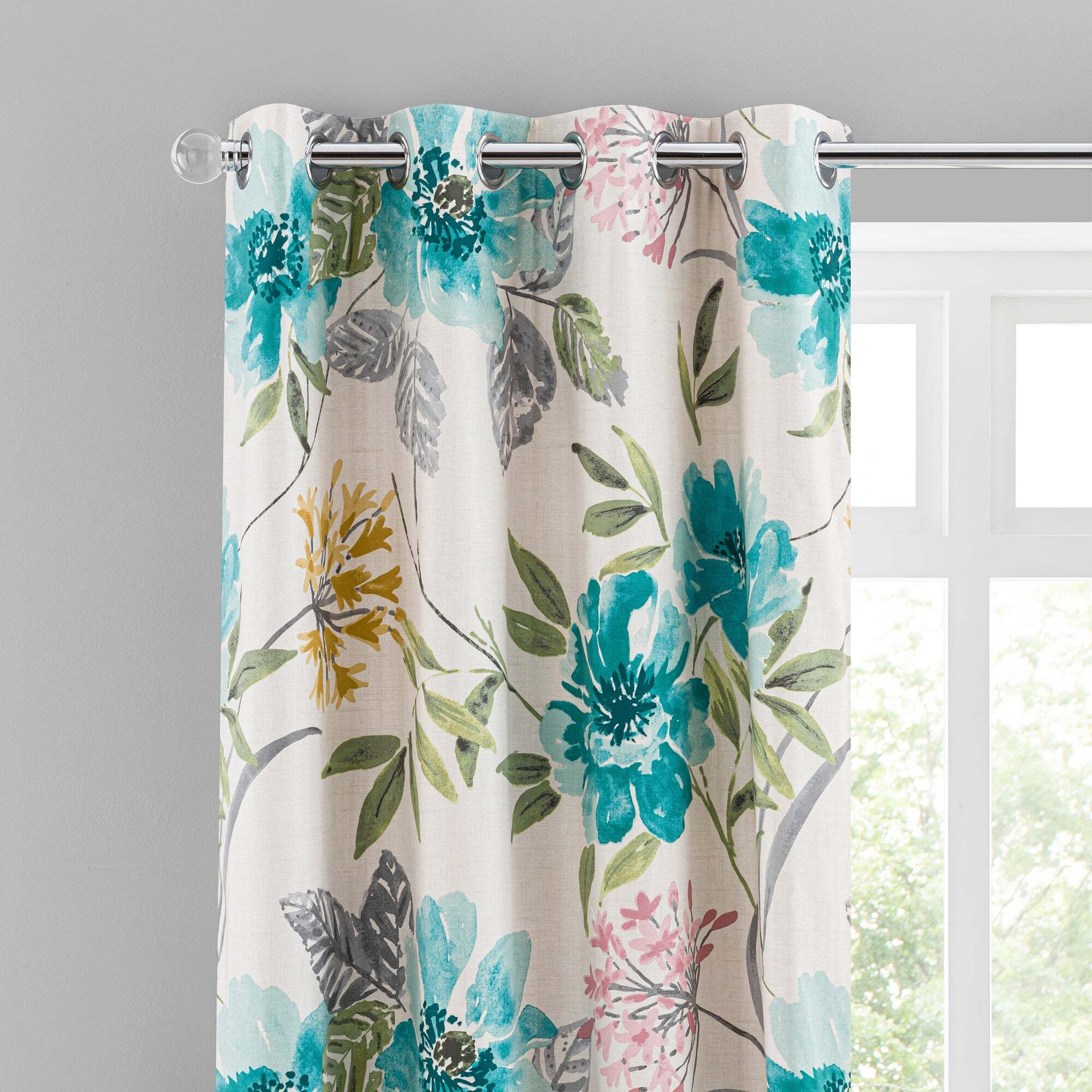 Tulsi Floral Eyelet Curtain Teal Green/Pink/White